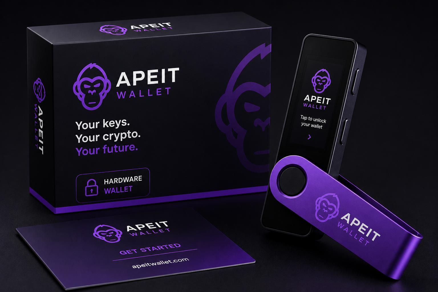 ApeIt Hardware Wallet — device, box and card