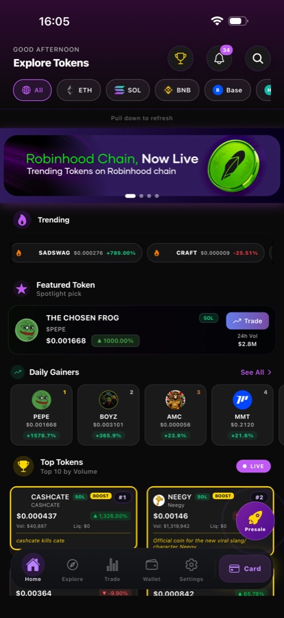 Ape It Explore screen with Spotlight, trending and top tokens by volume