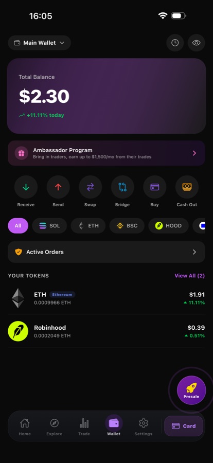 Ape It multi-chain wallet with balance, quick actions and per-chain filters